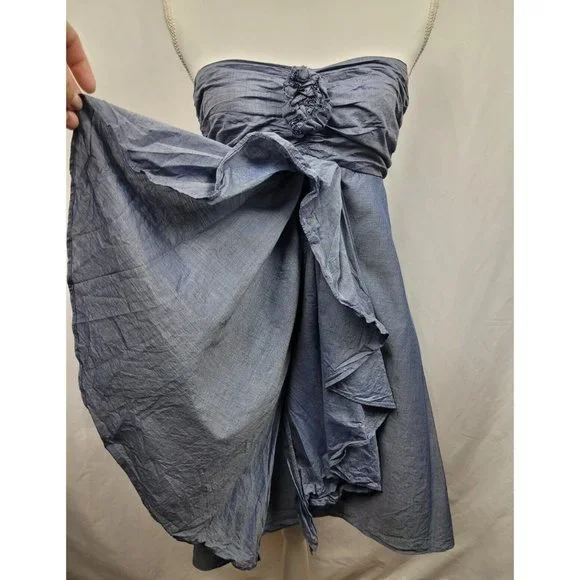J.Crew Strapless Chambray Rose and Ruffle A-Line Dress 100% Cotton Size 0 - Picture 3 of 9